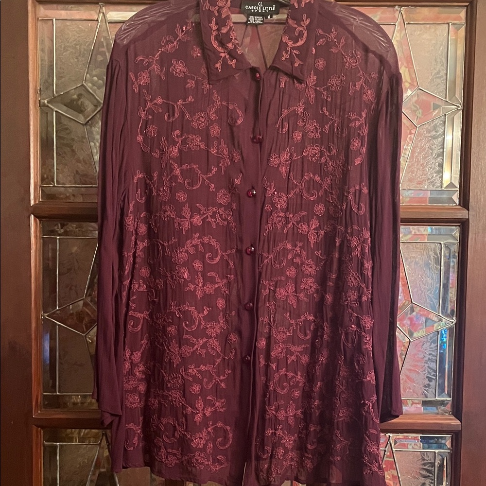 Carole Little Deep Burgundy Embroidered Vintage sheer Blouse VINTAGE